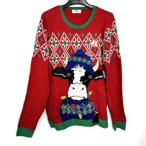 Holiday Time Men's Light Up Cow Ugly Christmas Sweater Large NWT
